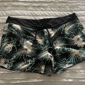 Patagonia Black Swim Shorts with Mint and Cream Tropical Print